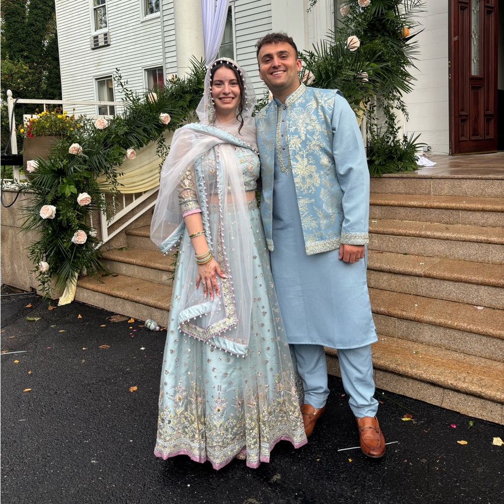Lashkarra Dusty Blue Embroidered Net Lehenga